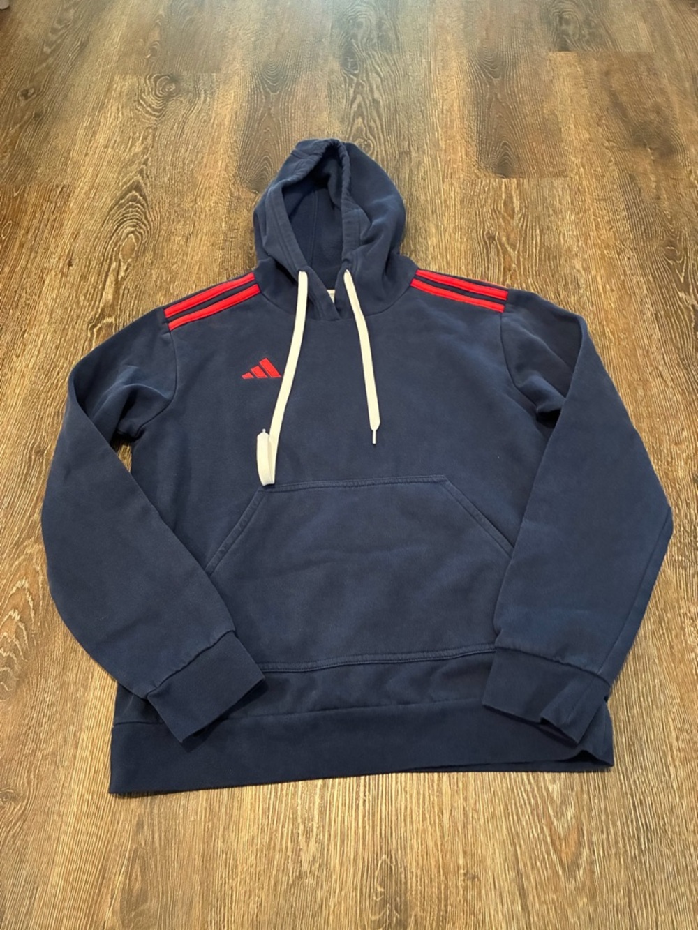 adidas Navy Hoodie with Red Shoulder Stripes